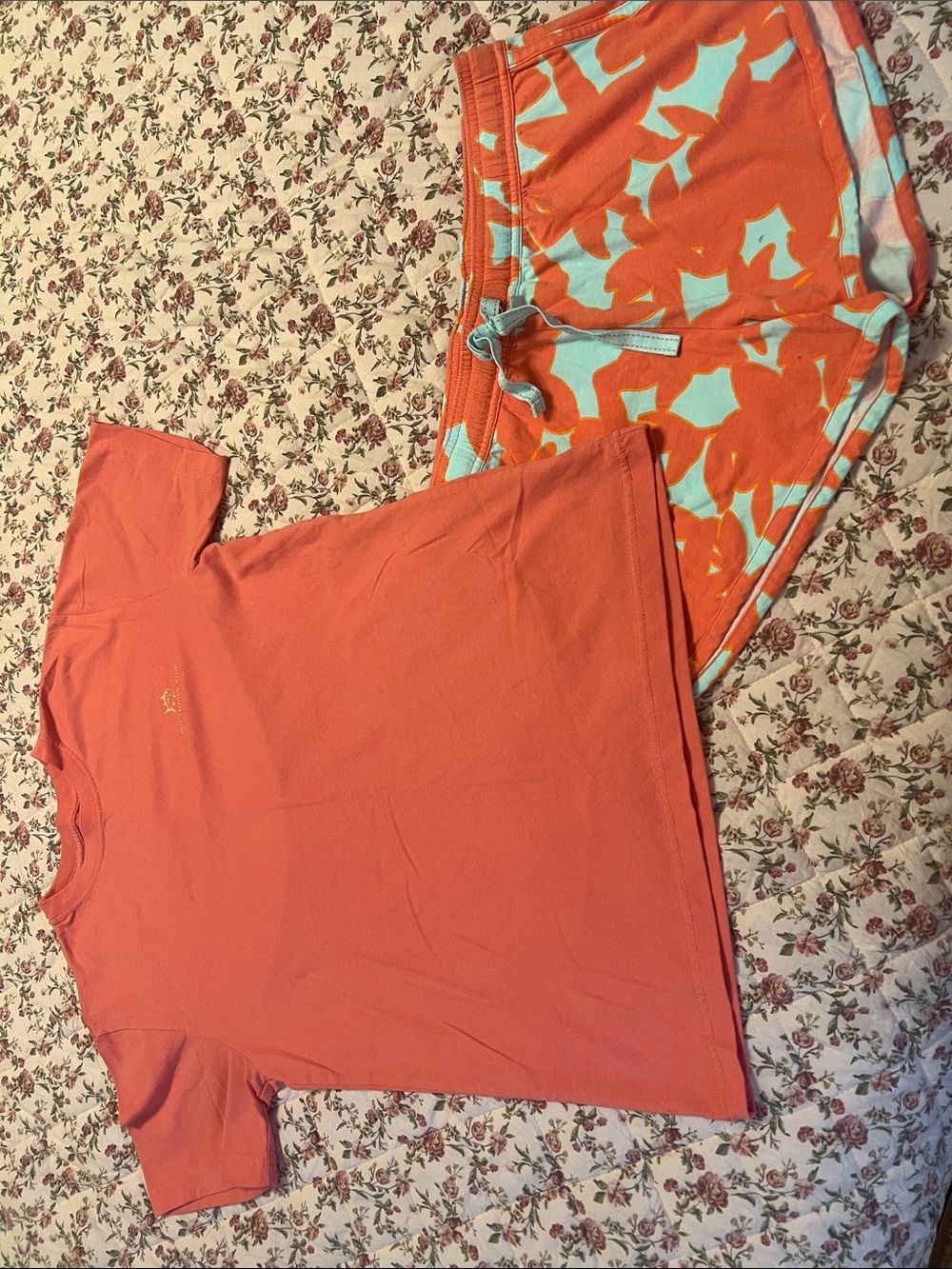 Southern Tide - Coral Short Sleeve Tee with Coral & Light Blue Patterned Shorts